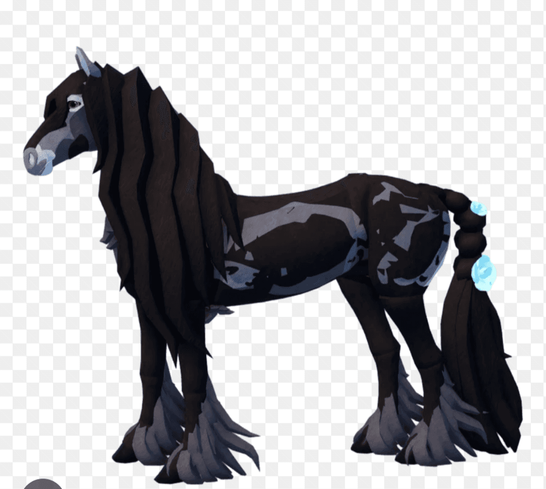 Real black Friesian horse cantering in a field with mane flowing