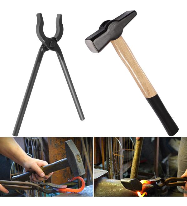 0004930-300 Blacksmiths' Tongs & 0000811-1000 Handmade Blacksmiths Hammer Assembled Bladesmith Tool Set for Beginner or Professional Blacksmith Making Farrier, Knife and Tool on Forging Anvil
