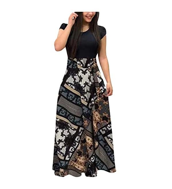 JMMSlmax Boho Beach Dress for Women Plus Size Women's Floral Print Summer Short Sleeve Sundress 1950s Vintage Formal Dress 05-black Small