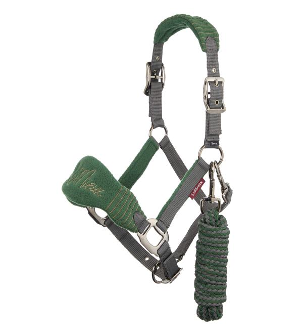 LeMieux Vogue Fleece Headcollar with Lead Rope - Extra Padding Adjustable at Curb and Poll Strap Full Hunter Green