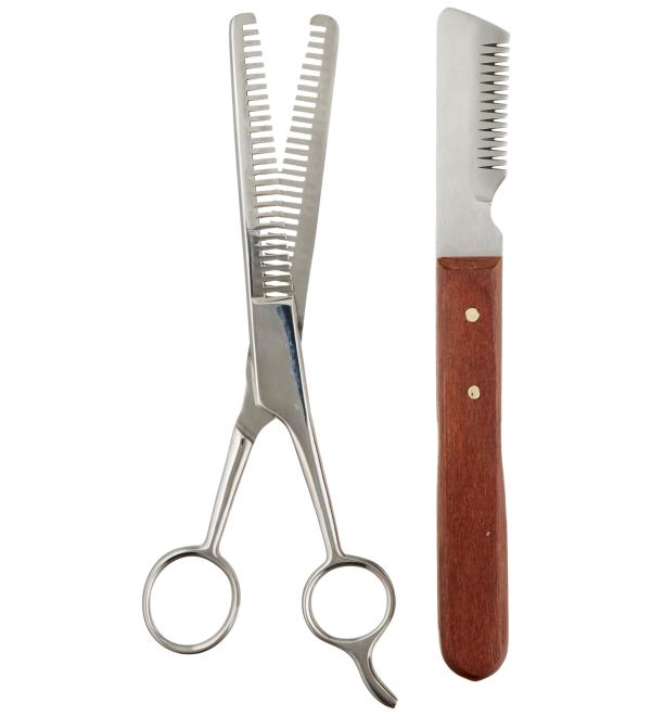 Tamsco Trimming Kit, Stripping Set of 2, Leather Case, Double Tooth Thinning Shear, Medium Stripping Knife, Great for Horses, Stainless Steel