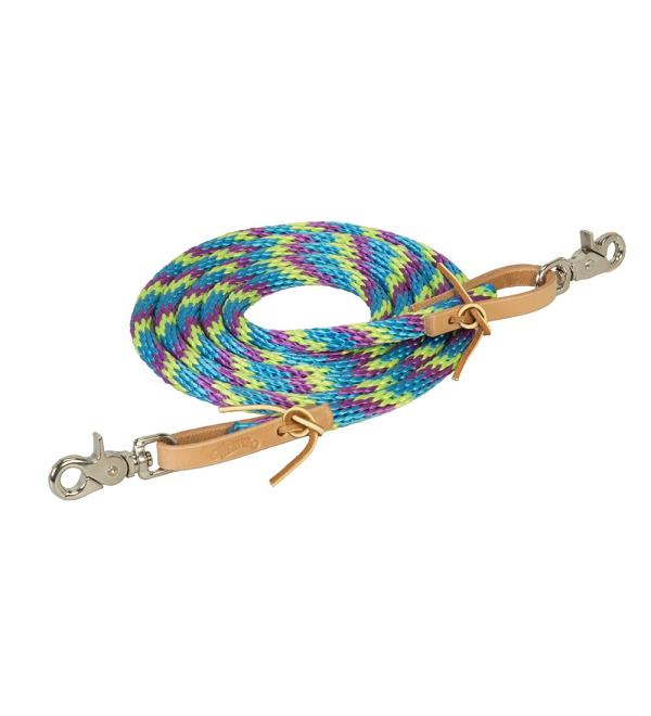 WEAVER Leather Drawstring Reins 3/8" x 8' Lime Zest / Hurricane Blue/Purple Jazz