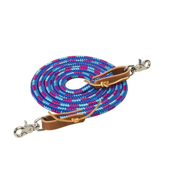 WEAVER Leather Drawstring Reins 5/8" x 8' Dazzling Blue/Light Rose/Turquoise